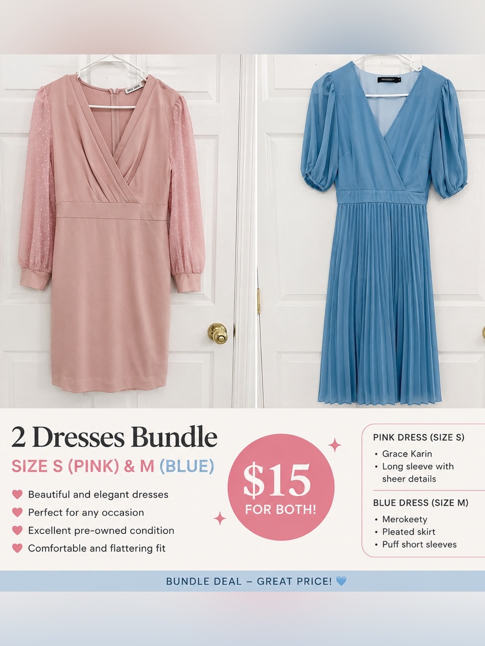 Grace Karin Pink Long Sleeve V-Neck Midi Dress